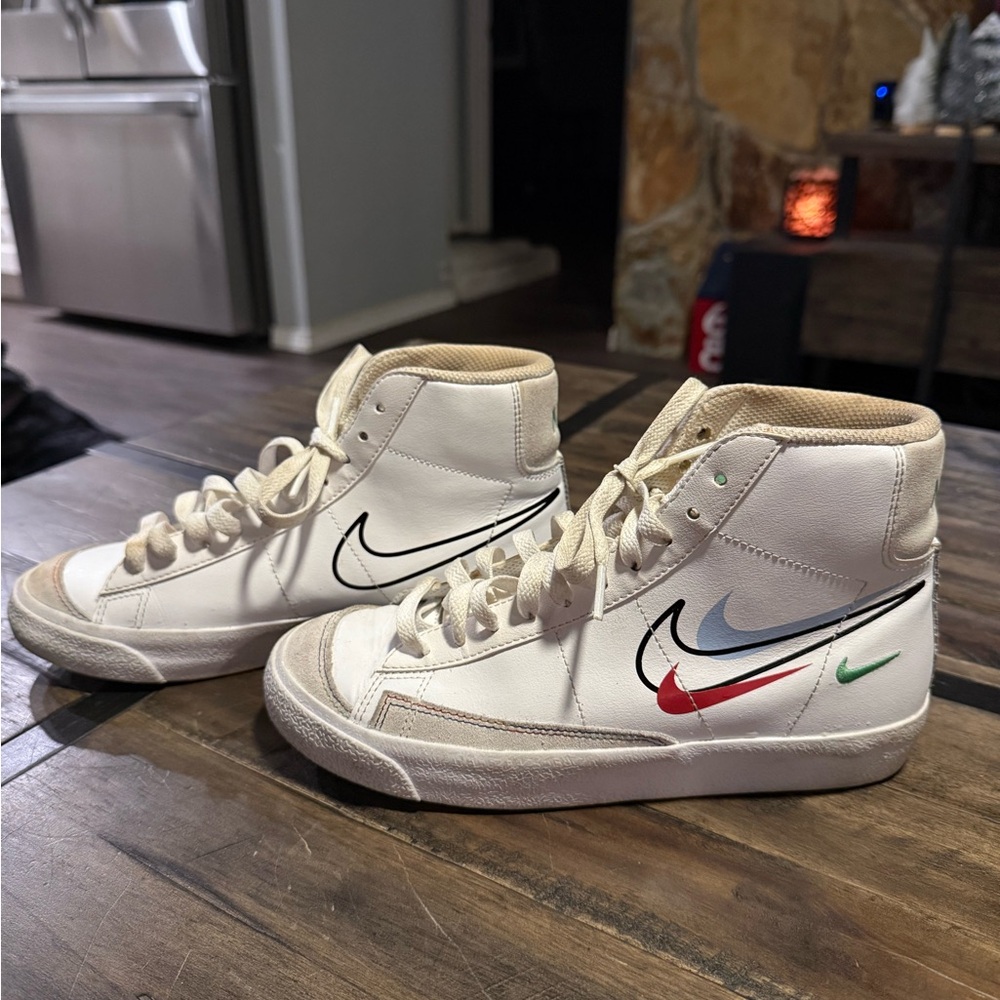 Nike White High-Tops with Multicolor Swoosh